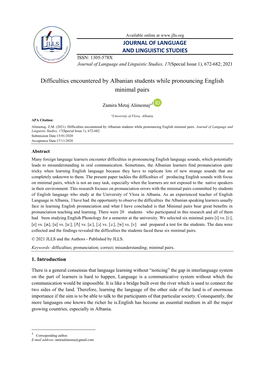 JOURNAL of LANGUAGE and LINGUISTIC STUDIES ISSN: 1305-578X Journal of Language and Linguistic Studies, 17(Special Issue 1), 672-682; 2021