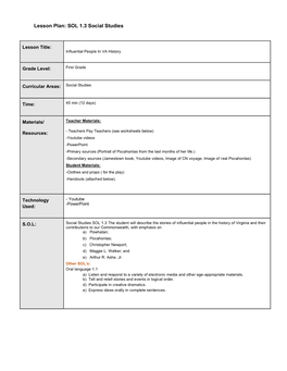 Lesson Plan: SOL 1.3 Social Studies