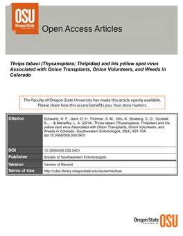 Thrips Tabaci (Thysanoptera: Thripidae) and Iris Yellow Spot Virus Associated with Onion Transplants, Onion Volunteers, and Weeds in Colorado