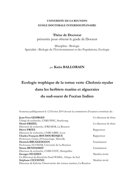 Ecologie Trophique De La Tortue Verte Chelonia Mydas Dans Les Herbiers Marins Et Algueraies Du Sud-Ouest De L’Océan Indien