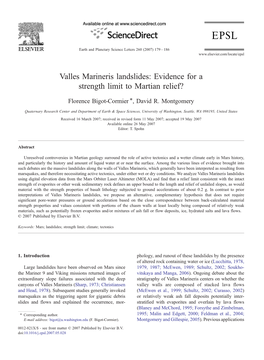 Valles Marineris Landslides: Evidence for a Strength Limit to Martian Relief? ⁎ Florence Bigot-Cormier , David R