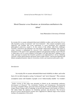 Moral Character Versus Situations: an Aristotelian Contribution to the Debate 1