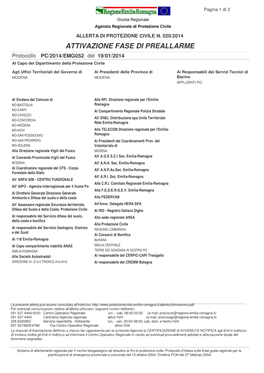 ATTIVAZIONE FASE DI PREALLARME Protocollo PC/2014/EMG052 Del 19/01/2014 Al Capo Del Dipartimento Della Protezione Civile