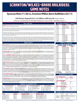 Scranton/Wilkes-Barre Railriders Game Notes Syracuse Mets (11-26) Vs