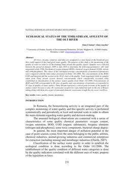 231 Ecological Status of the Timiş Stream, Affluent Of