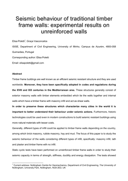 Seismic Behaviour of Traditional Timber Frame Walls: Experimental Results on Unreinforced Walls