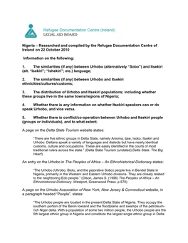 Nigeria – Researched and Compiled by the Refugee Documentation Centre of Ireland on 22 October 2010 Information on the Followi