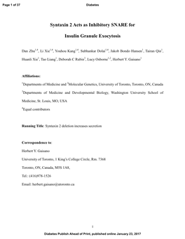 Syntaxin 2 Acts As Inhibitory SNARE for Insulin Granule Exocytosis