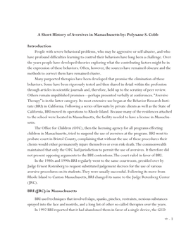 A Short History of Aversives in Massachusetts By: Polyxane S