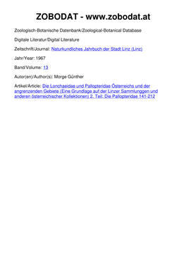 Die Lonchaeidae Und Pallopteridae Österreichs Und Der Angrenzenden Gebiete (Eine Grundlage Auf Der Linzer Sammlunggen Und Anderen Österreichischer Kollektionen) 2