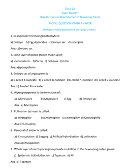 Sexual Reproduction in Flowering Plants MODEL QUESTIONS WITH