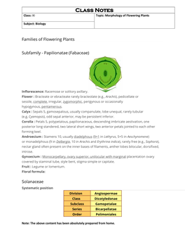 Class Notes Class: XI Topic: Morphology of Flowering Plants