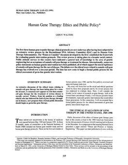 Human Gene Therapy: Ethics and Public Policy*