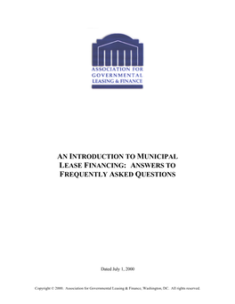 An Introduction to Municipal Lease Financing: Answers to Frequently Asked Questions