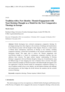 Thomist Engagement with Non-Christian Thought As a Model for the New Comparative Theology in Europe