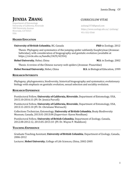 Junxia Zhang CV 1 University of British Columbia, BC, Canada