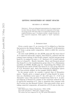 Arxiv:2004.00097V2 [Math.MG] 3 May 2021 the Aigcnetdcmoet,Alioere of Isometries All Components, Connected Taking G Htpeevstedsac Ucin H E Isom( Set the Function