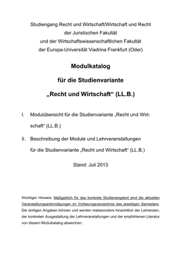 Modulkatalog Für Die Studienvariante „Recht Und Wirtschaft“ (LL.B.)