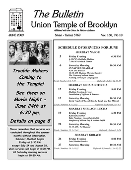 The Bulletin Union Temple of Brooklyn Affiliated with the Union for Reform Judaism JUNE 2009 Sivan - Tamuz 5769 Vol