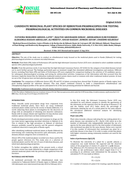 Candidate Medicinal Plant Species of Djiboutian Pharmacopeia for Testing Pharmacological Activities on Common Microbial Diseases