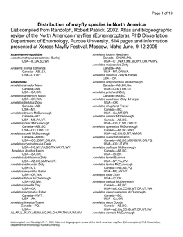 Distribution of Mayfly Species in North America List Compiled from Randolph, Robert Patrick