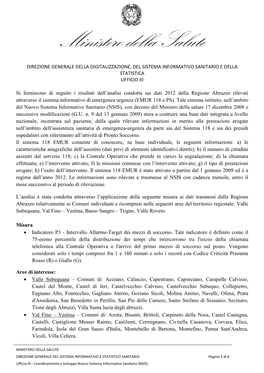 Ministero Della Salute, Risultati Dell'analisi Condotta Sui Dati 2012 Della Regione Abruzzo Rilevati Attraverso Il