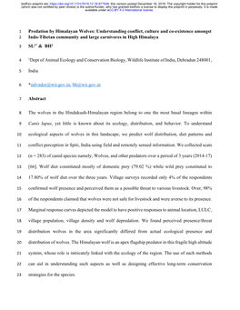 Predation by Himalayan Wolves: Understanding Conflict, Culture and Co-Existence Amongst 2 Indo-Tibetan Community and Large Carnivores in High Himalaya