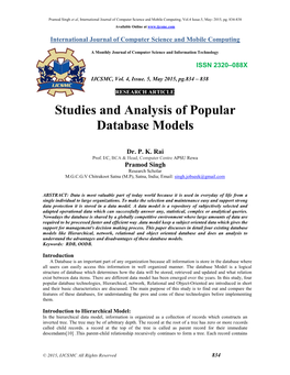 Studies and Analysis of Popular Database Models