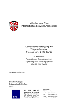 Heidesheim Am Rhein Integriertes Stadtentwicklungskonzept Gemeinsame Beteiligung Der Träger Öffentlicher Belange Gem. § 139 B