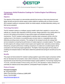 Compressor Airfoil Protective Coatings for Turbine Engine Fuel Efficiency (WP-201009) Objective