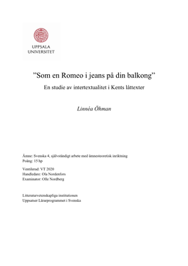 Som En Romeo I Jeans På Din Balkong” En Studie Av Intertextualitet I Kents Låttexter