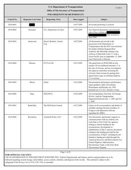 U.S. Department of Transportation 1/3/2011 Office of the Secretary of Transportation FOIA REQUESTS SEARCH RESULTS