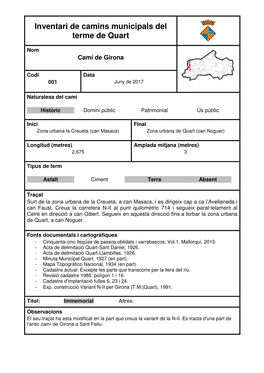 Inventari De Camins Municipals Del Terme De Quart