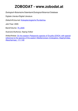 On the Western Palaearctic Species of Drusilla LEACH, with Special Reference to the Species of the Eastern Mediterranean (Coleoptera: Staphylinidae, Aleocharinae)