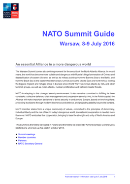 NATO Summit Guide Warsaw, 8-9 July 2016