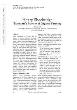 Henry Shoobridge, Tasmania's Pioneer of Organic Farming Journal of Bio-Dynamics Tasmania, 97: 4-10
