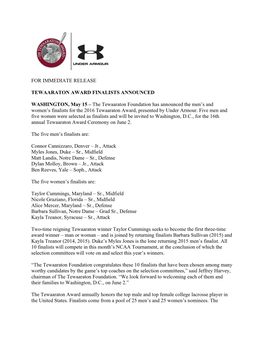 For Immediate Release Tewaaraton Award Finalists