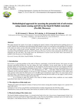 Methodological Approach for Assessing the Potential Risk of Soil Erosion Using Remote Sensing and GIS in the Oued El Malleh Watershed (Pre-Rif, Morocco)