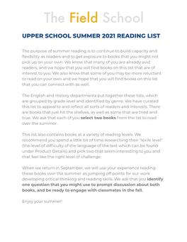 Upper School Summer Reading List