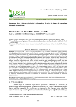 Common Sage (Salvia Officinalis L.) Breeding Studies in Central Anatolian Climatic Conditions