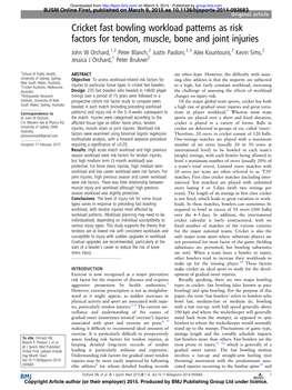 Cricket Fast Bowling Workload Patterns As Risk Factors for Tendon, Muscle