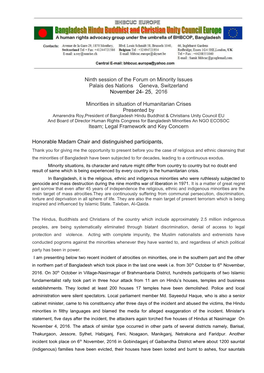 Ninth Session of the Forum on Minority Issues Palais Des Nations Geneva, Switzerland November 24- 25, 2016