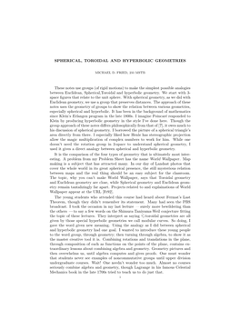 Of Rigid Motions) to Make the Simplest Possible Analogies Between Euclidean, Spherical,Toroidal and Hyperbolic Geometry