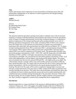 1 Title Carbon and Nitrogen Stock Comparisons of Corn Monocultures