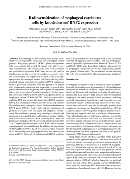 Radiosensitization of Esophageal Carcinoma Cells by Knockdown of RNF2 Expression