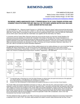 Raymond James Announces Early Tender Results of Cash Tender Offers and Consent Solicitations for Any and All of Its 5.625% Senio