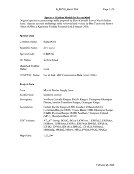 Species - Habitat Model for Barred Owl Original Species Account/Ratings Table Prepared by Dave Caswell, Lower Nicola Indian Band