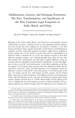 Globalization, Lawyers, and Emerging Economies: the Rise, Transformation, and Significance of the New Corporate Legal Ecosystem in India, Brazil, and China