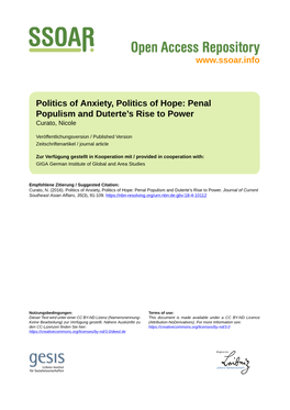 Politics of Anxiety, Politics of Hope: Penal Populism and Duterte’S Rise to Power Curato, Nicole