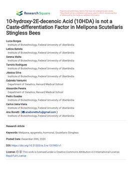 Is Not a Caste-Differentiation Factor in Melipona Scutellaris Stingless Bees